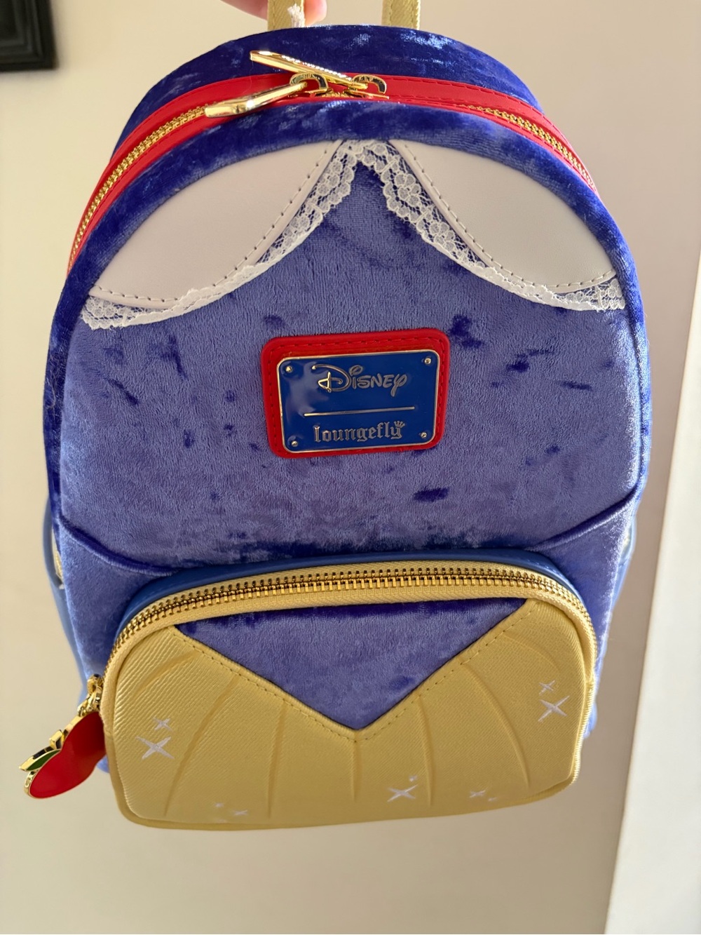 Loungefly Snow White Velvet Mini Backpack with Gold Pocket and Red Trim